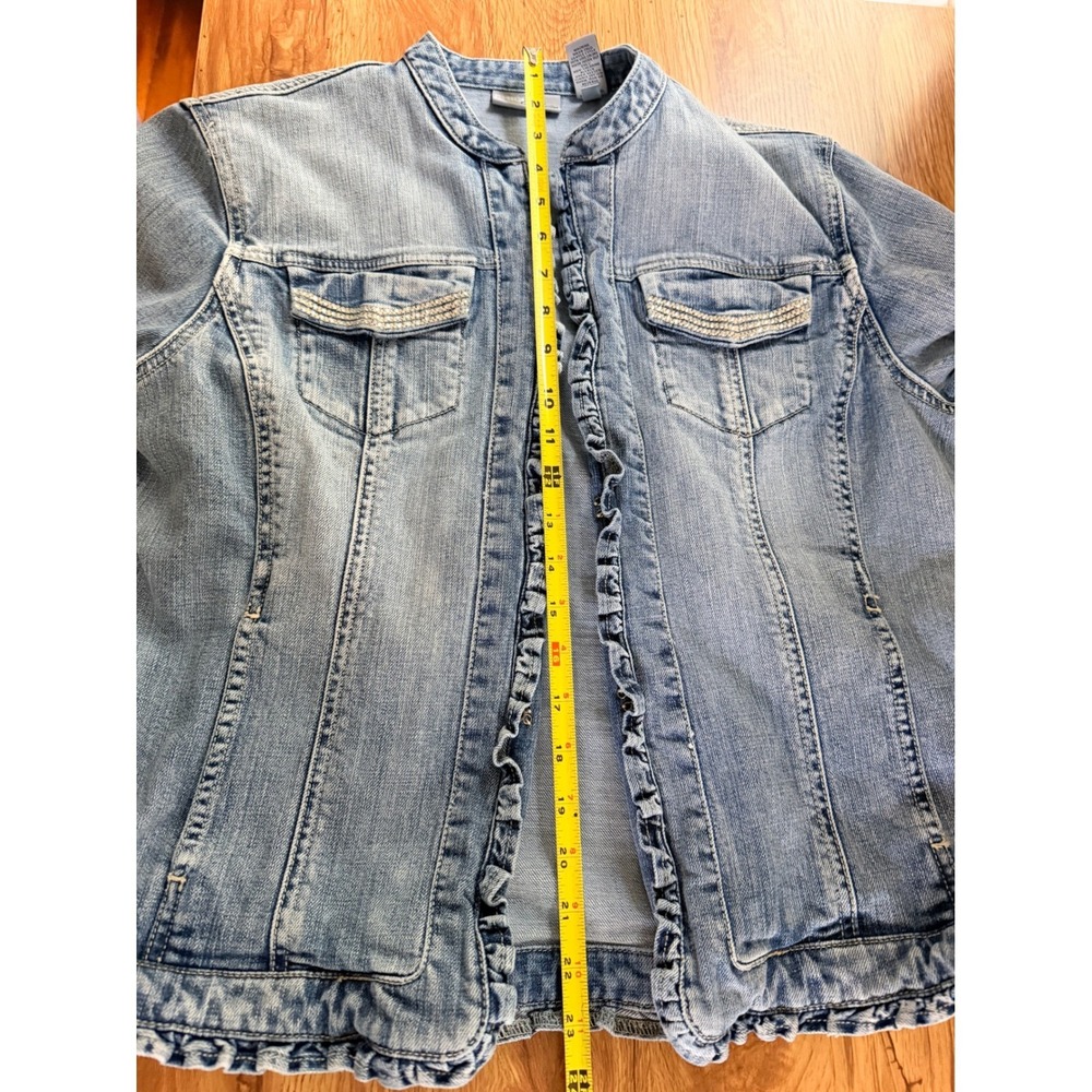 Chico's Platinum Ruffle Denim Jacket Rhinestone Light Wash Size 2 Large - Picture 7 of 16